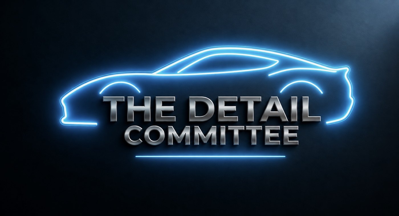 The Detail Committee logo: a neon blue outline of a sports car above chrome lettering